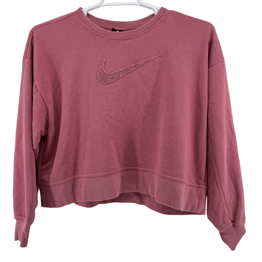 Nike Womens Mauve Pink Cropped Fleece Crew Sweatshirt Glitter Swoosh Size M